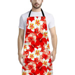 Red Hibiscus Plumeria Pattern Print Bib Apron With Pocket