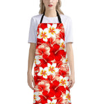 Red Hibiscus Plumeria Pattern Print Bib Apron With Pocket