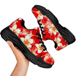 Red Hibiscus Plumeria Pattern Print Black Chunky Shoes