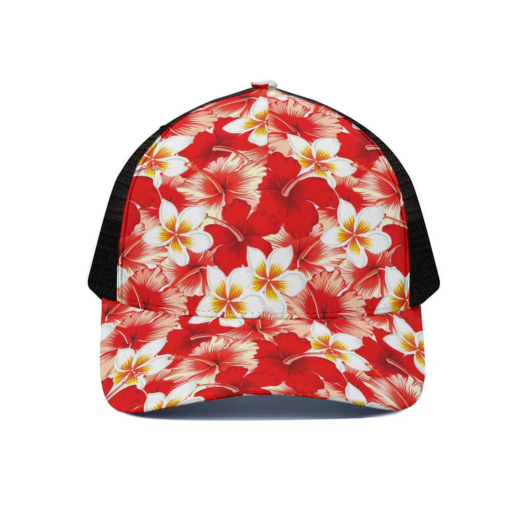 Red Hibiscus Plumeria Pattern Print Black Mesh Trucker Cap