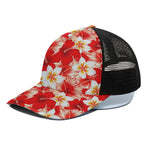 Red Hibiscus Plumeria Pattern Print Black Mesh Trucker Cap