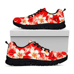 Red Hibiscus Plumeria Pattern Print Black Running Shoes