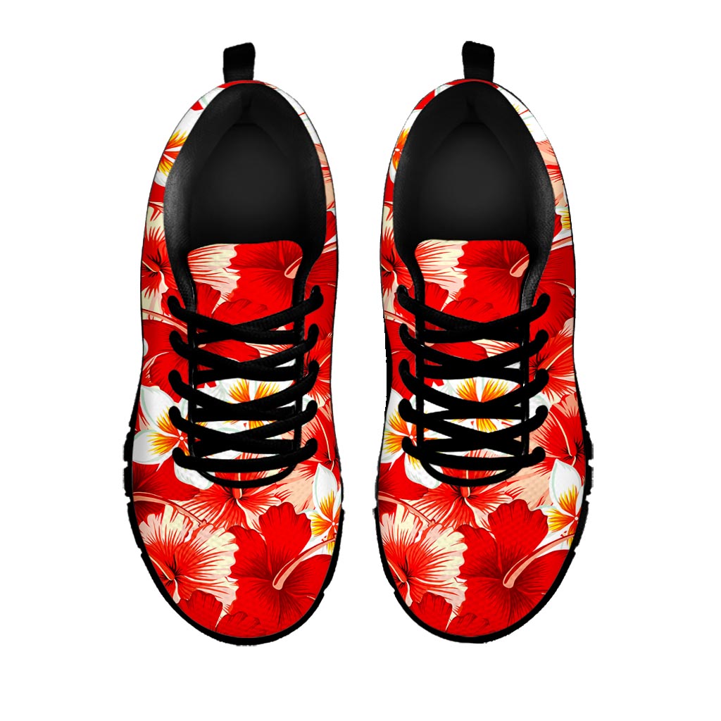 Red Hibiscus Plumeria Pattern Print Black Running Shoes