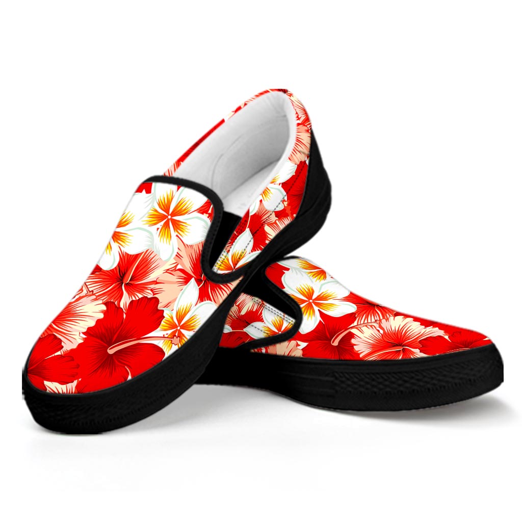 Red Hibiscus Plumeria Pattern Print Black Slip On Sneakers