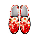 Red Hibiscus Plumeria Pattern Print Black Slip On Sneakers