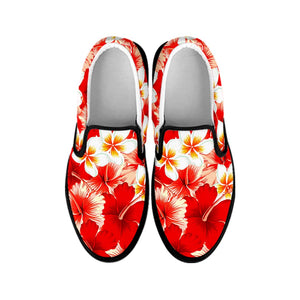 Red Hibiscus Plumeria Pattern Print Black Slip On Sneakers