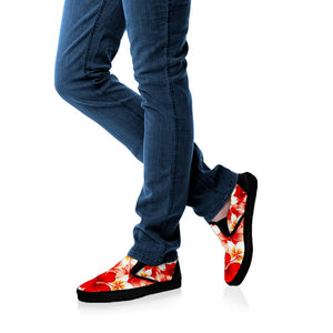 Red Hibiscus Plumeria Pattern Print Black Slip On Sneakers