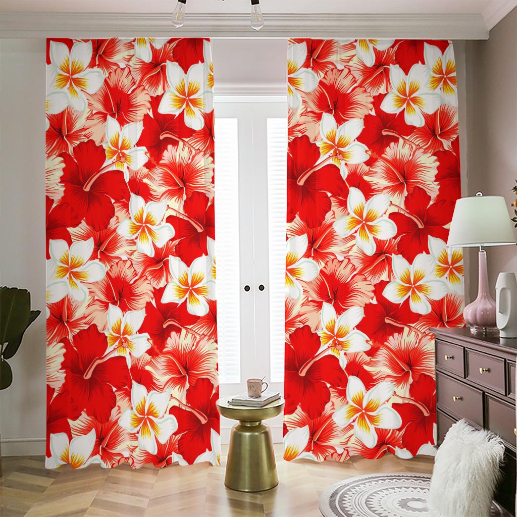 Red Hibiscus Plumeria Pattern Print Blackout Pencil Pleat Curtains