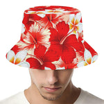 Red Hibiscus Plumeria Pattern Print Bucket Hat