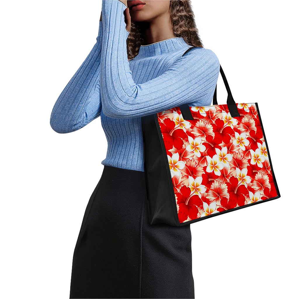 Red Hibiscus Plumeria Pattern Print Canvas Tote Bag