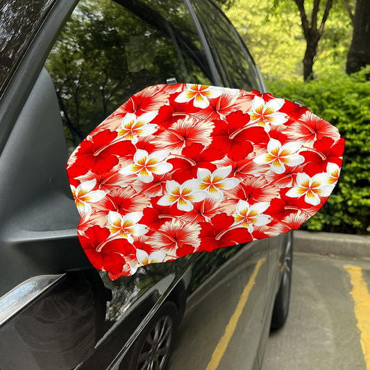 Red Hibiscus Plumeria Pattern Print Car Side Mirror Covers