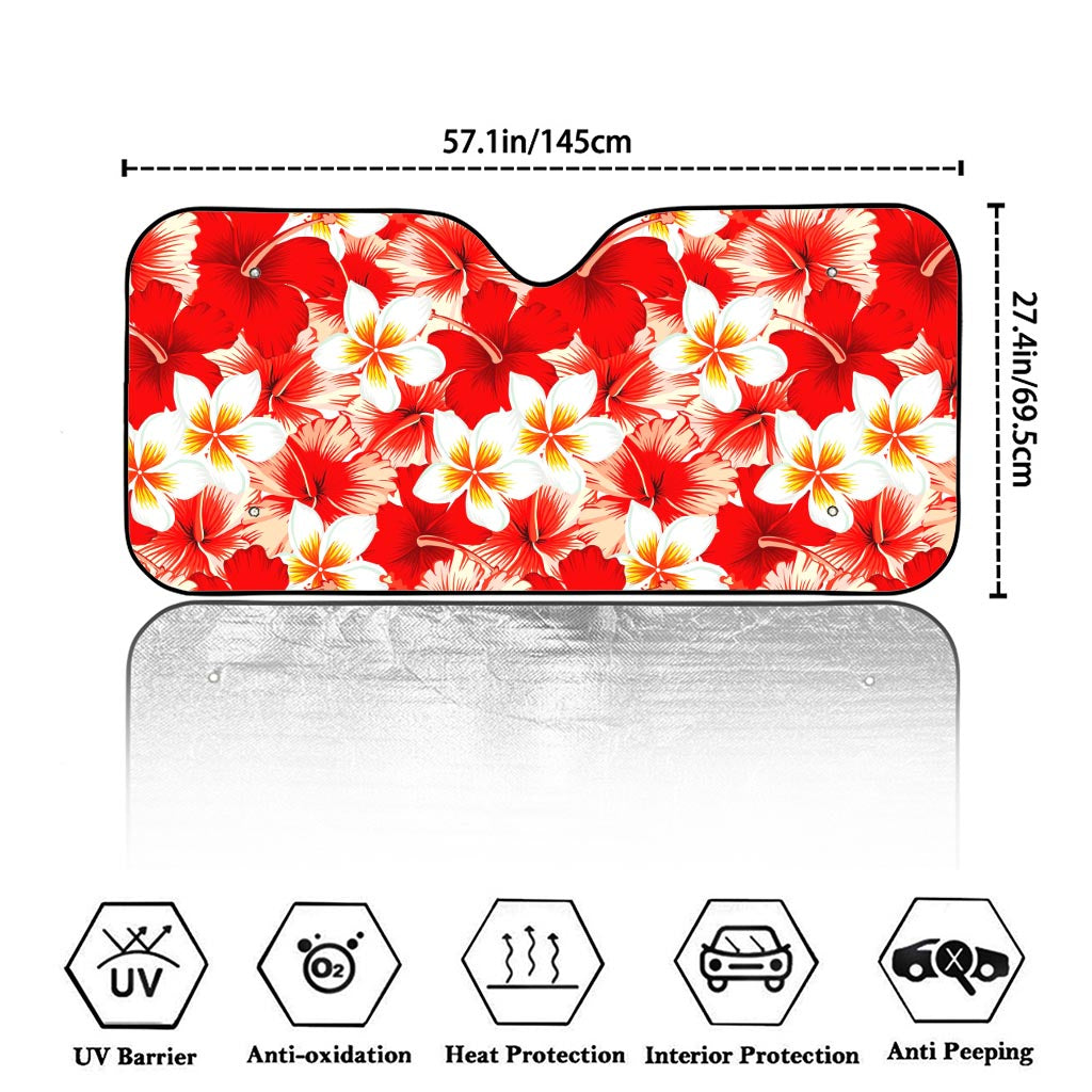 Red Hibiscus Plumeria Pattern Print Car Windshield Sun Shade