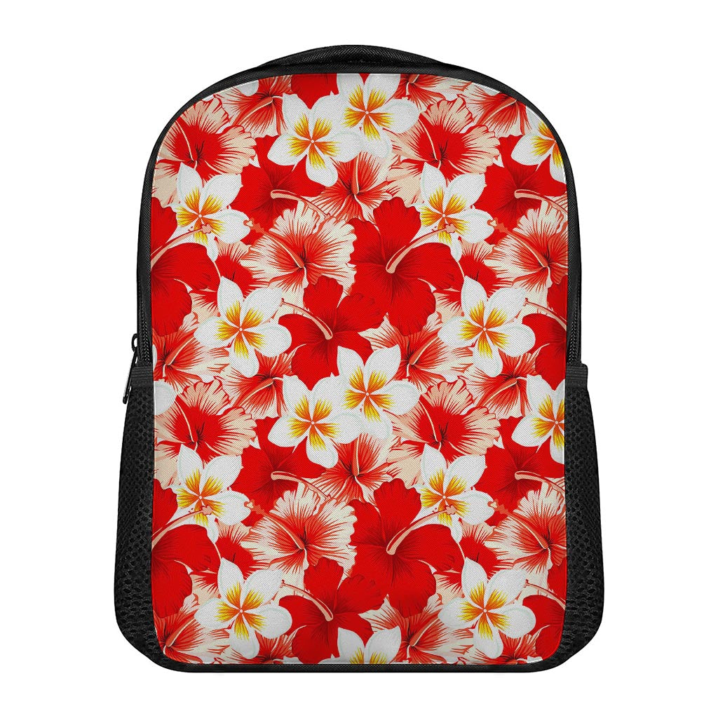 Red Hibiscus Plumeria Pattern Print Casual Backpack