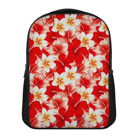 Red Hibiscus Plumeria Pattern Print Casual Backpack