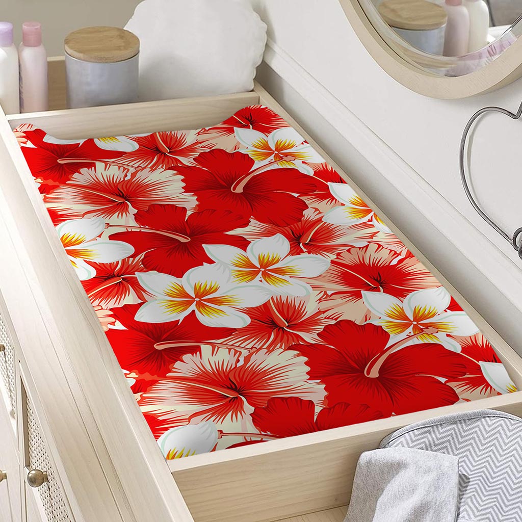 Red Hibiscus Plumeria Pattern Print Changing Pad Cover