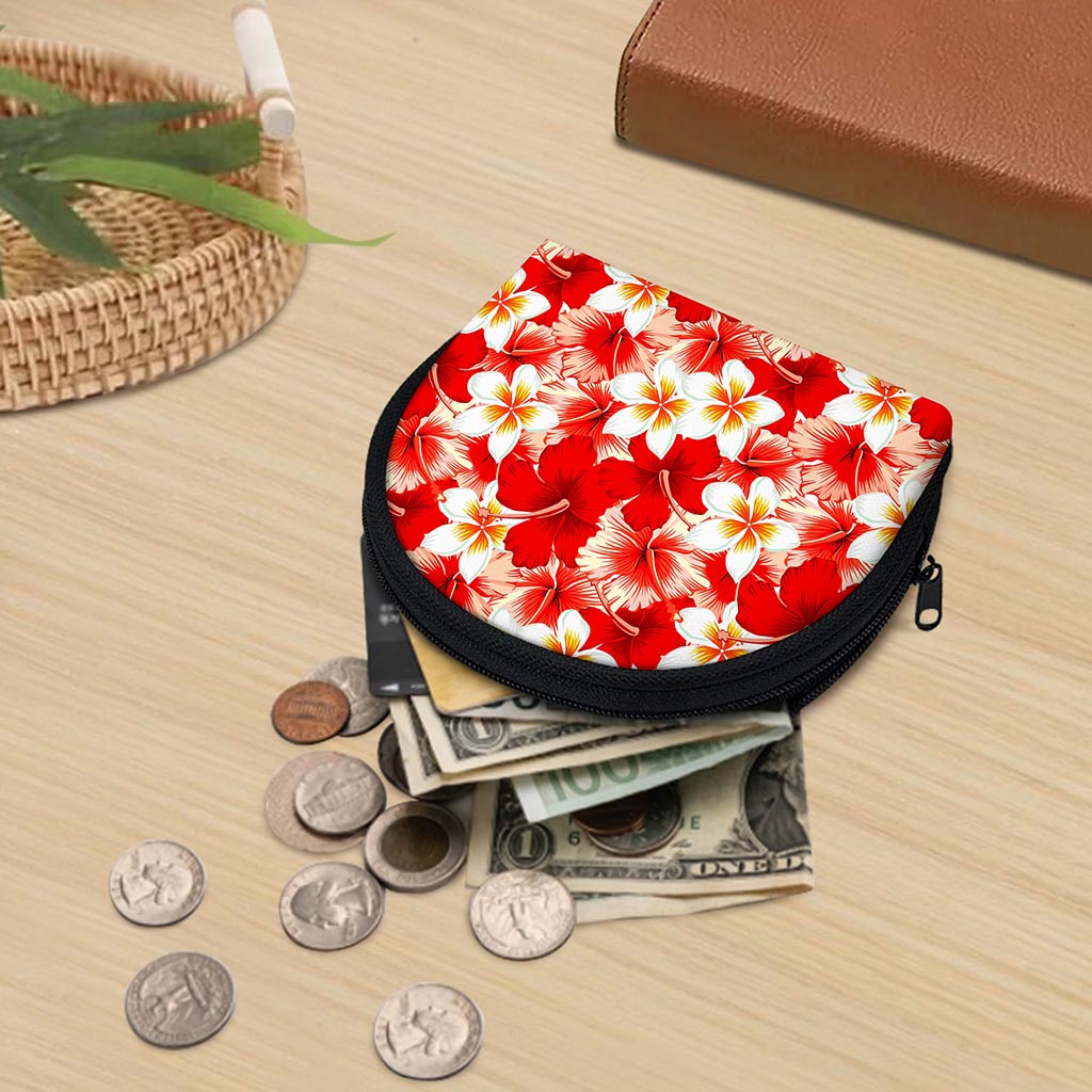 Red Hibiscus Plumeria Pattern Print Coin Purse