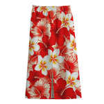 Red Hibiscus Plumeria Pattern Print Cotton Front Slit Maxi Skirt