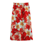 Red Hibiscus Plumeria Pattern Print Cotton Front Slit Maxi Skirt