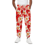 Red Hibiscus Plumeria Pattern Print Cotton Pants