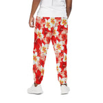 Red Hibiscus Plumeria Pattern Print Cotton Pants