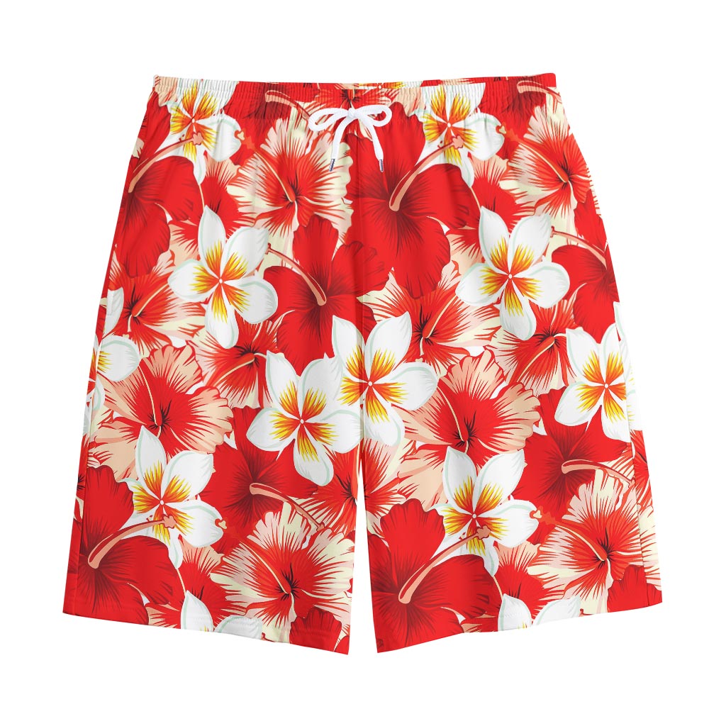 Red Hibiscus Plumeria Pattern Print Cotton Shorts