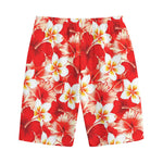 Red Hibiscus Plumeria Pattern Print Cotton Shorts