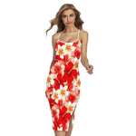 Red Hibiscus Plumeria Pattern Print Cross Back Cami Dress