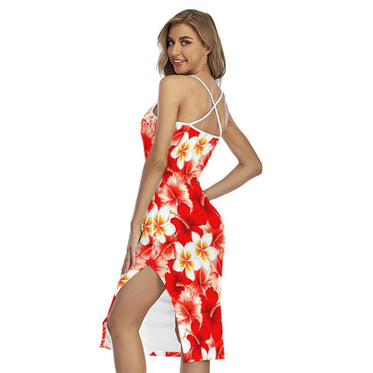 Red Hibiscus Plumeria Pattern Print Cross Back Cami Dress