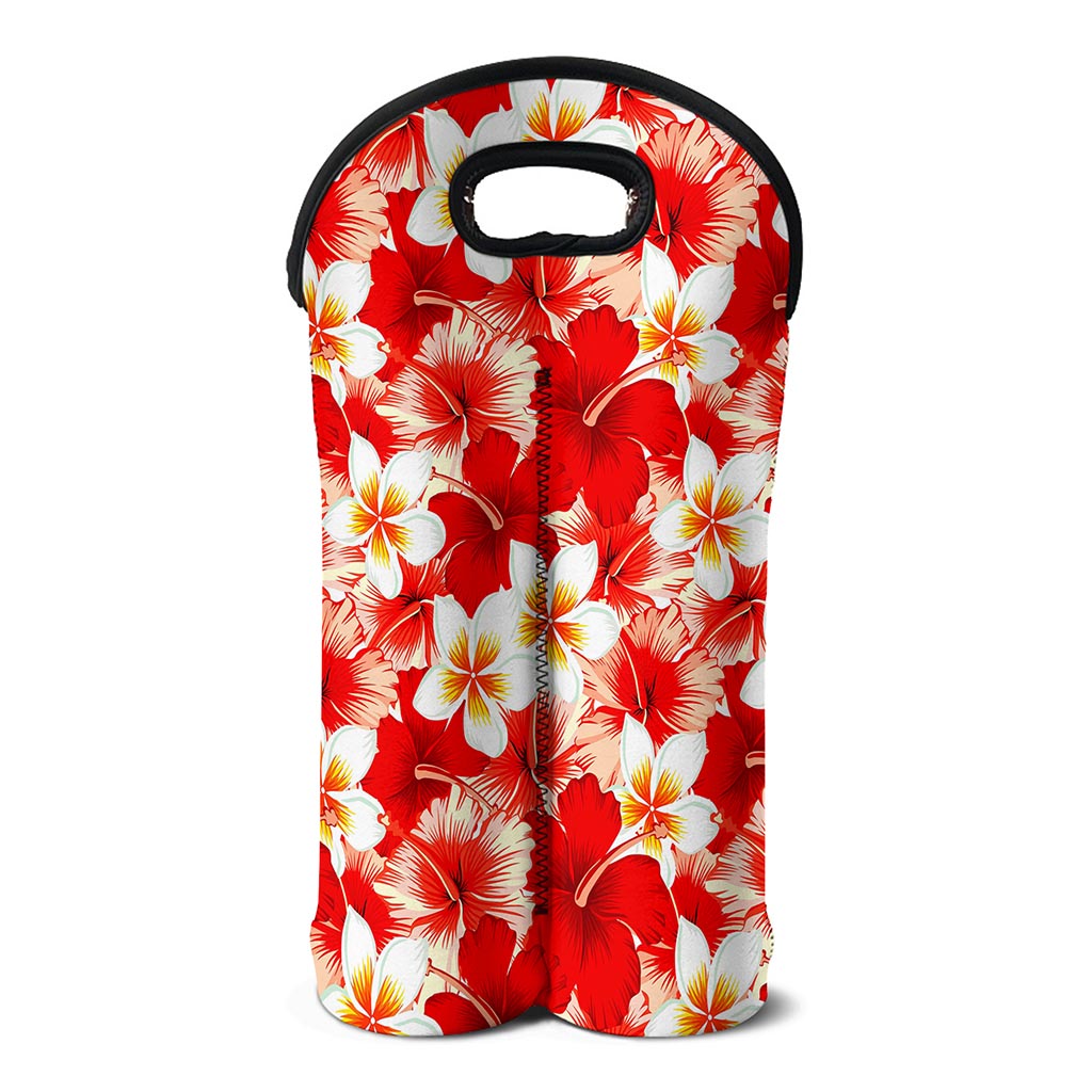 Red Hibiscus Plumeria Pattern Print Double Neoprene Wine Tote