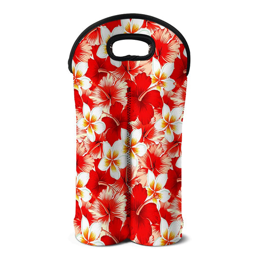 Red Hibiscus Plumeria Pattern Print Double Neoprene Wine Tote