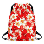 Red Hibiscus Plumeria Pattern Print Drawstring Backpack