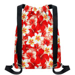 Red Hibiscus Plumeria Pattern Print Drawstring Backpack
