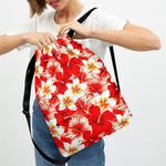 Red Hibiscus Plumeria Pattern Print Drawstring Backpack
