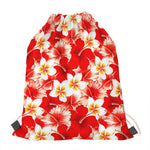 Red Hibiscus Plumeria Pattern Print Drawstring Bag