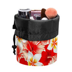 Red Hibiscus Plumeria Pattern Print Drawstring Makeup Bag