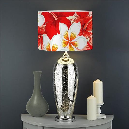 Red Hibiscus Plumeria Pattern Print Drum Lamp Shade