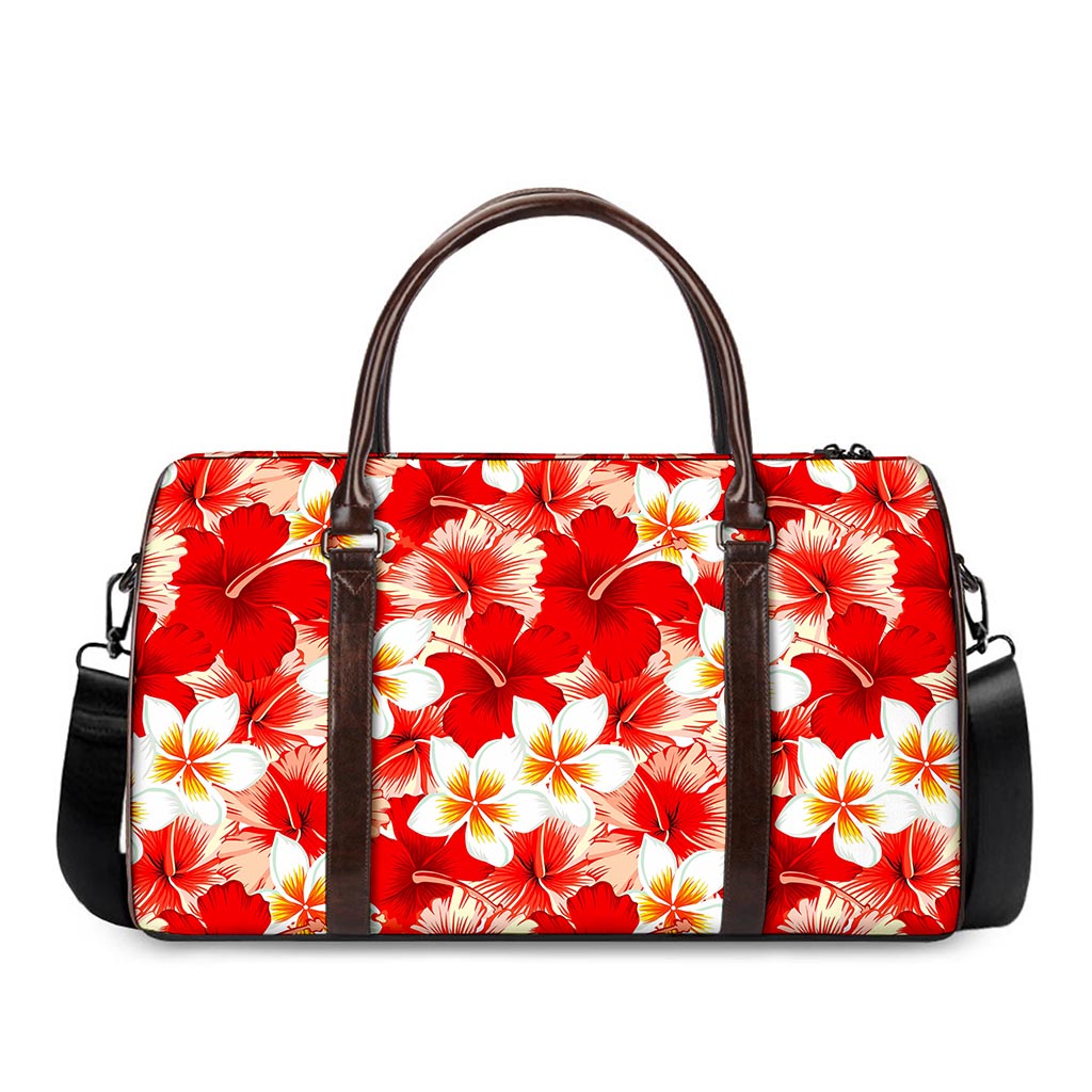 Red Hibiscus Plumeria Pattern Print Duffle Bag