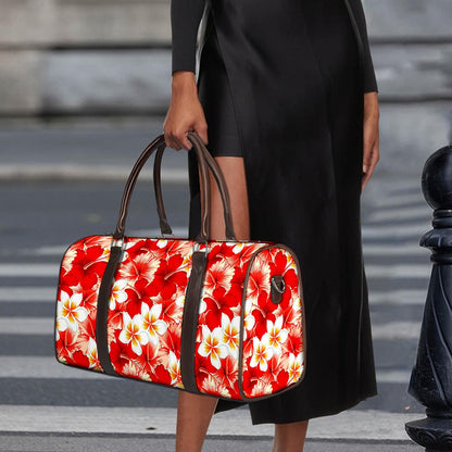 Red Hibiscus Plumeria Pattern Print Duffle Bag