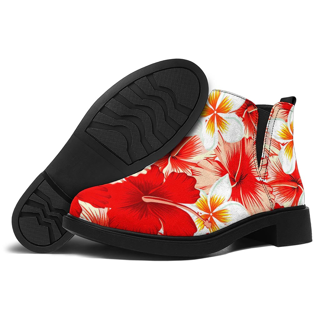 Red Hibiscus Plumeria Pattern Print Flat Ankle Boots