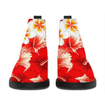 Red Hibiscus Plumeria Pattern Print Flat Ankle Boots