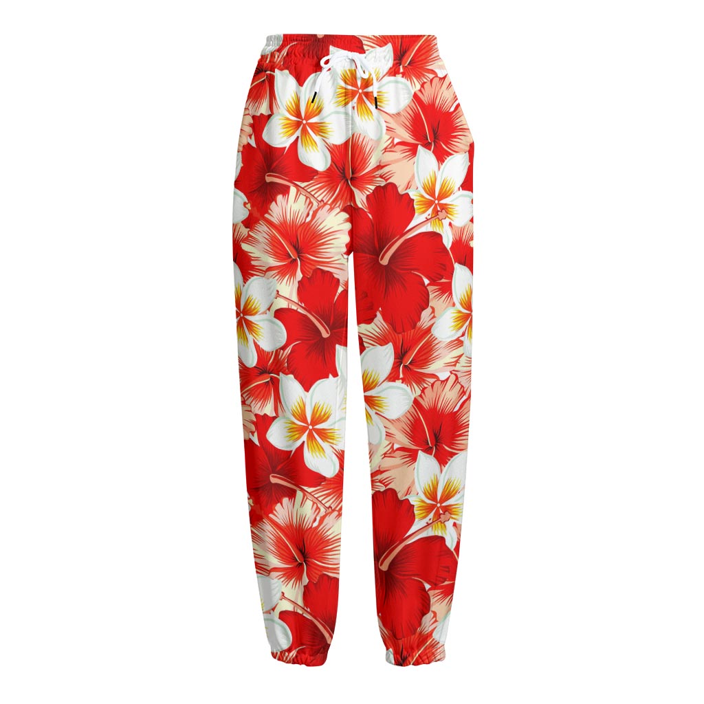 Red Hibiscus Plumeria Pattern Print Fleece Lined Knit Pants