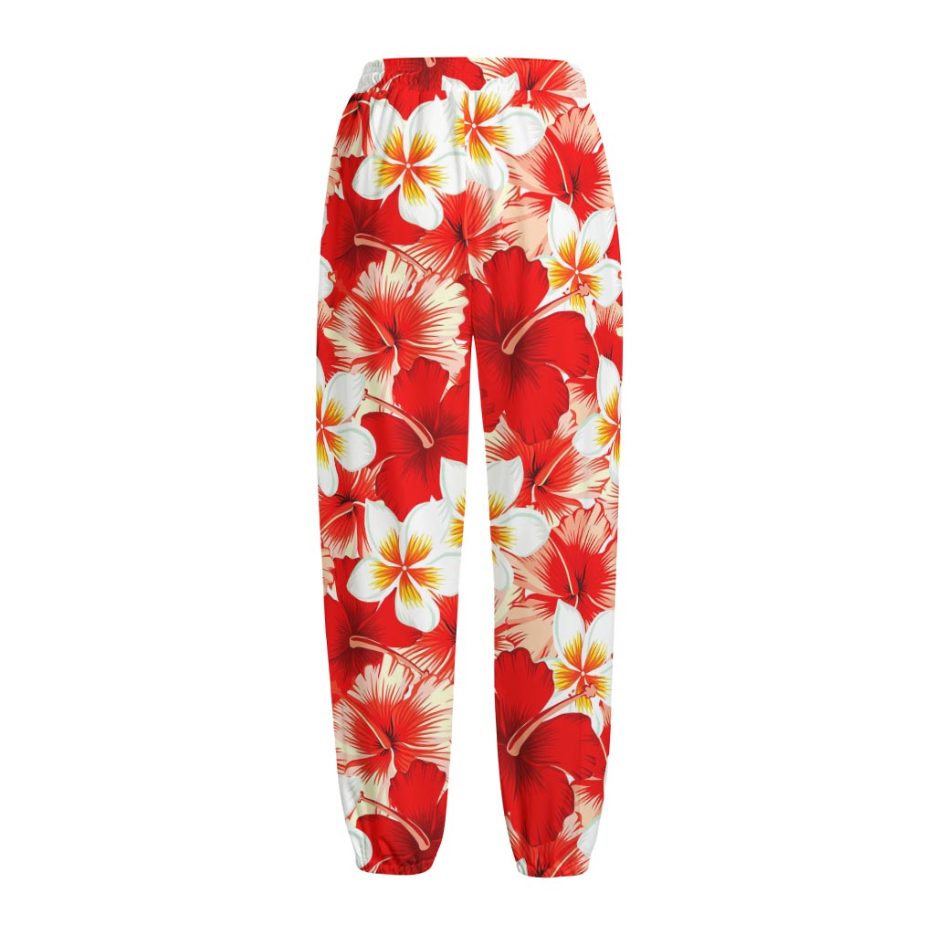 Red Hibiscus Plumeria Pattern Print Fleece Lined Knit Pants