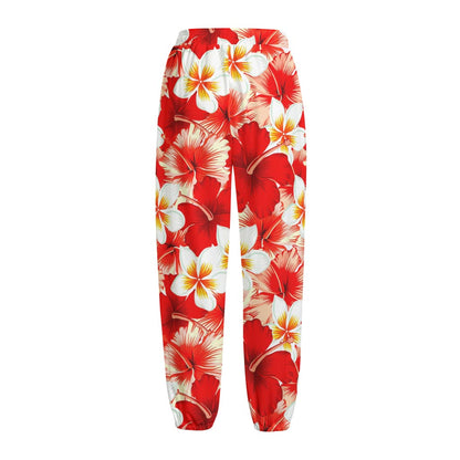 Red Hibiscus Plumeria Pattern Print Fleece Lined Knit Pants