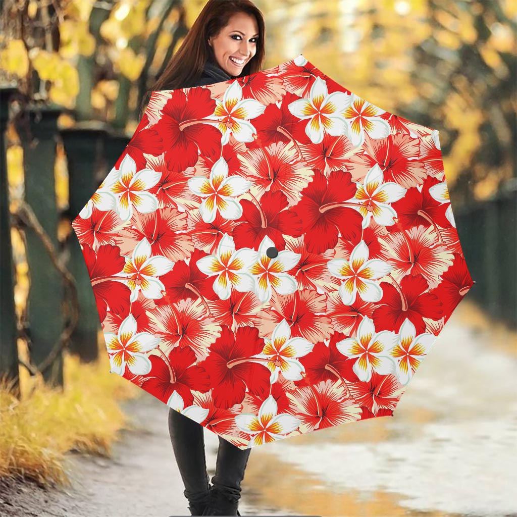 Red Hibiscus Plumeria Pattern Print Foldable Umbrella