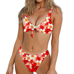 Red Hibiscus Plumeria Pattern Print Front Bow Tie Bikini