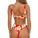 Red Hibiscus Plumeria Pattern Print Front Bow Tie Bikini
