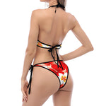 Red Hibiscus Plumeria Pattern Print Halter Scoop Tie Side Bikini