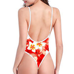 Red Hibiscus Plumeria Pattern Print High Cut One Piece Swimsuit
