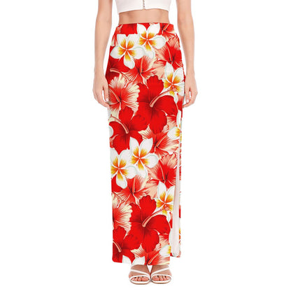 Red Hibiscus Plumeria Pattern Print High Slit Maxi Skirt