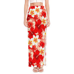 Red Hibiscus Plumeria Pattern Print High Slit Maxi Skirt